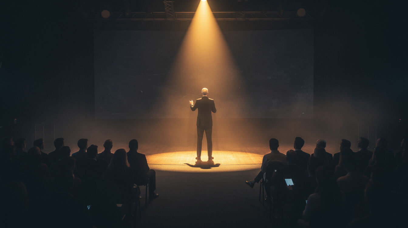 Speaker standing confidently on a stage with warm spotlight