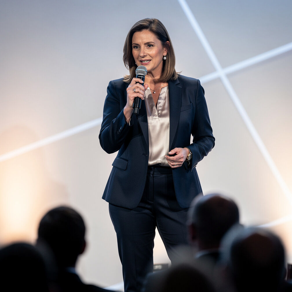 Businesswoman confidently speaking on a conference stage