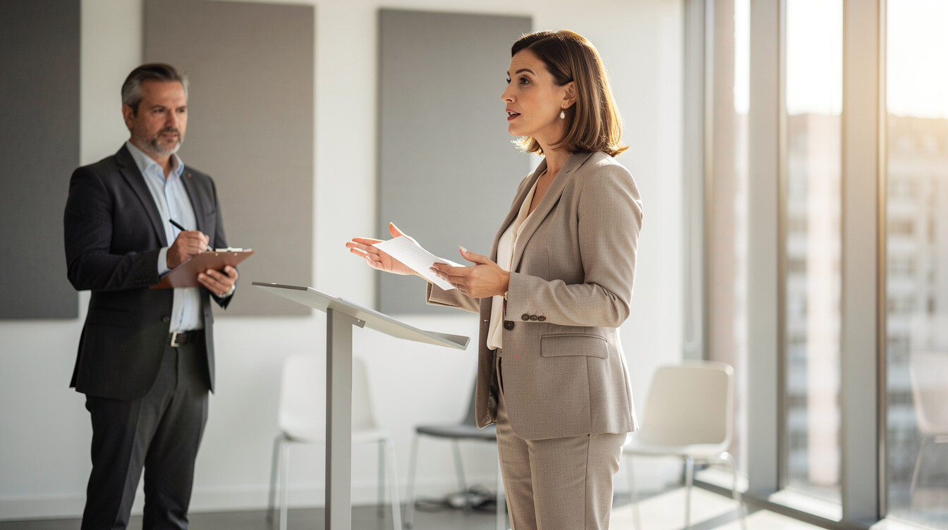 Speaker rehearsing a presentation with a coach in a bright studio